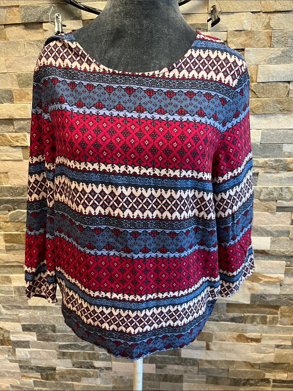 Divided Red and Blue Geometric Print Long-Sleeve Top